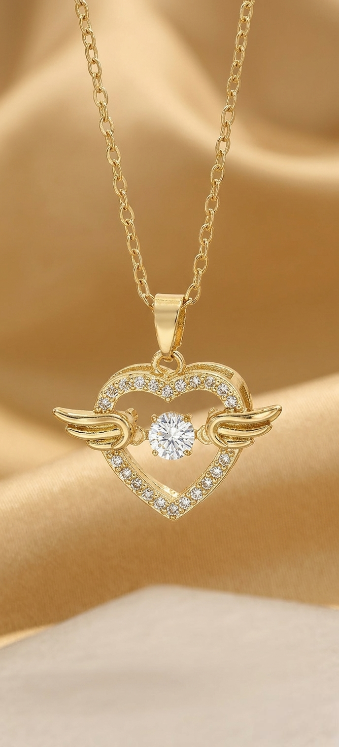 18K Gold Plated Angel Wing Heart Crystal Pendant Necklace ✨💛