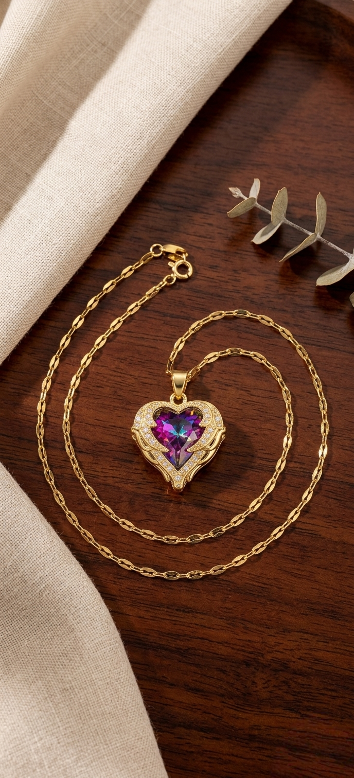 Golden Mystic Heart Crystal Pendant Necklace ✨💜