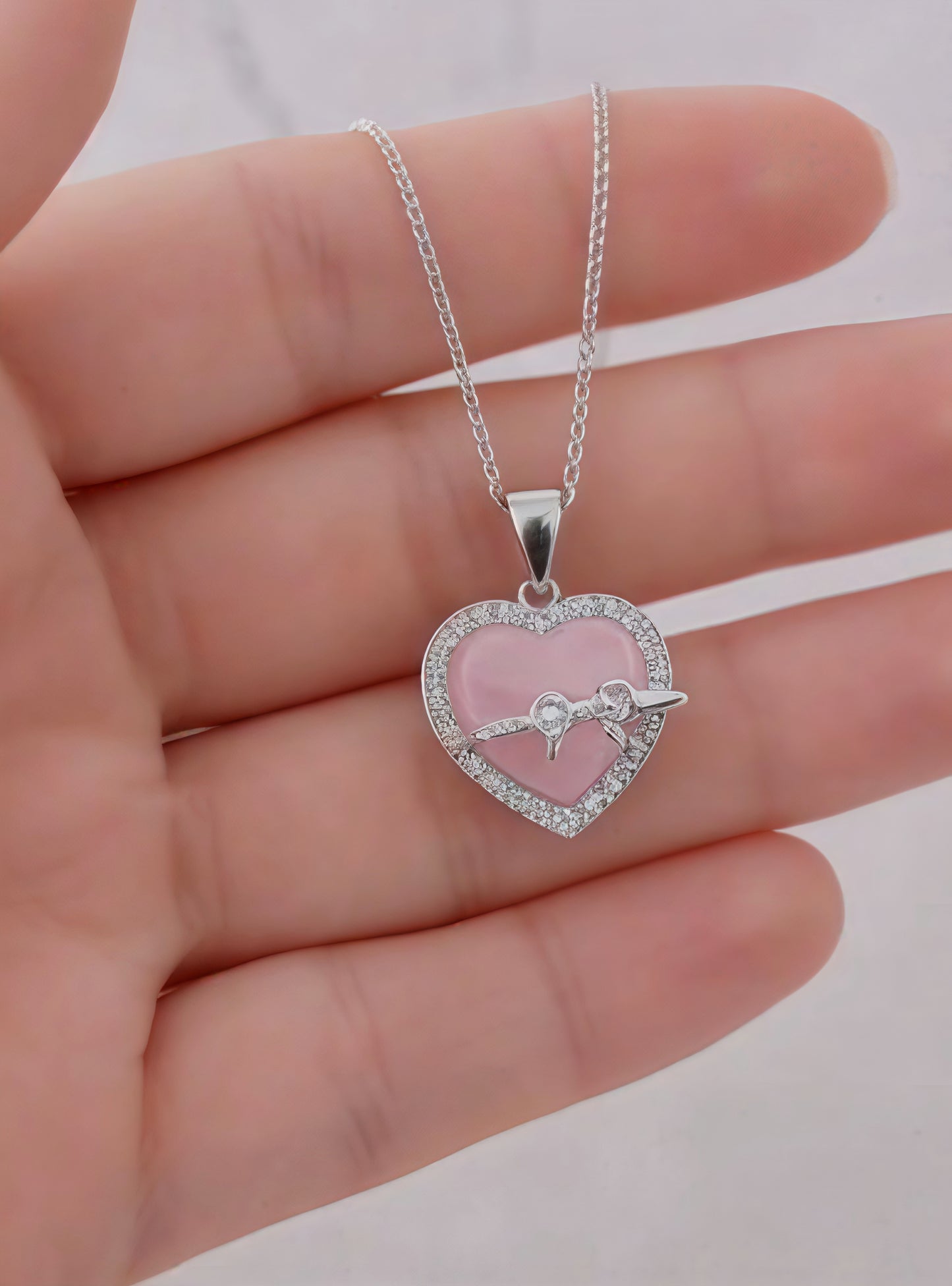 Silver Pink Heart Crystal Pendant Necklace 💖✨