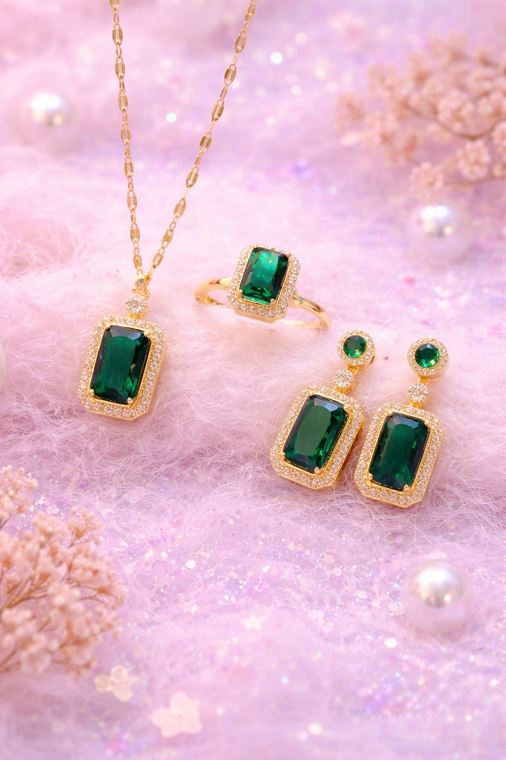 Emerald Royale Crystal Jewelry Set for Women 💚✨ (Necklace, Earrings & Ring)