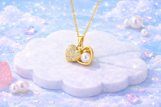18K Gold Plated Double Heart Pearl Pendant Necklace ✨💖