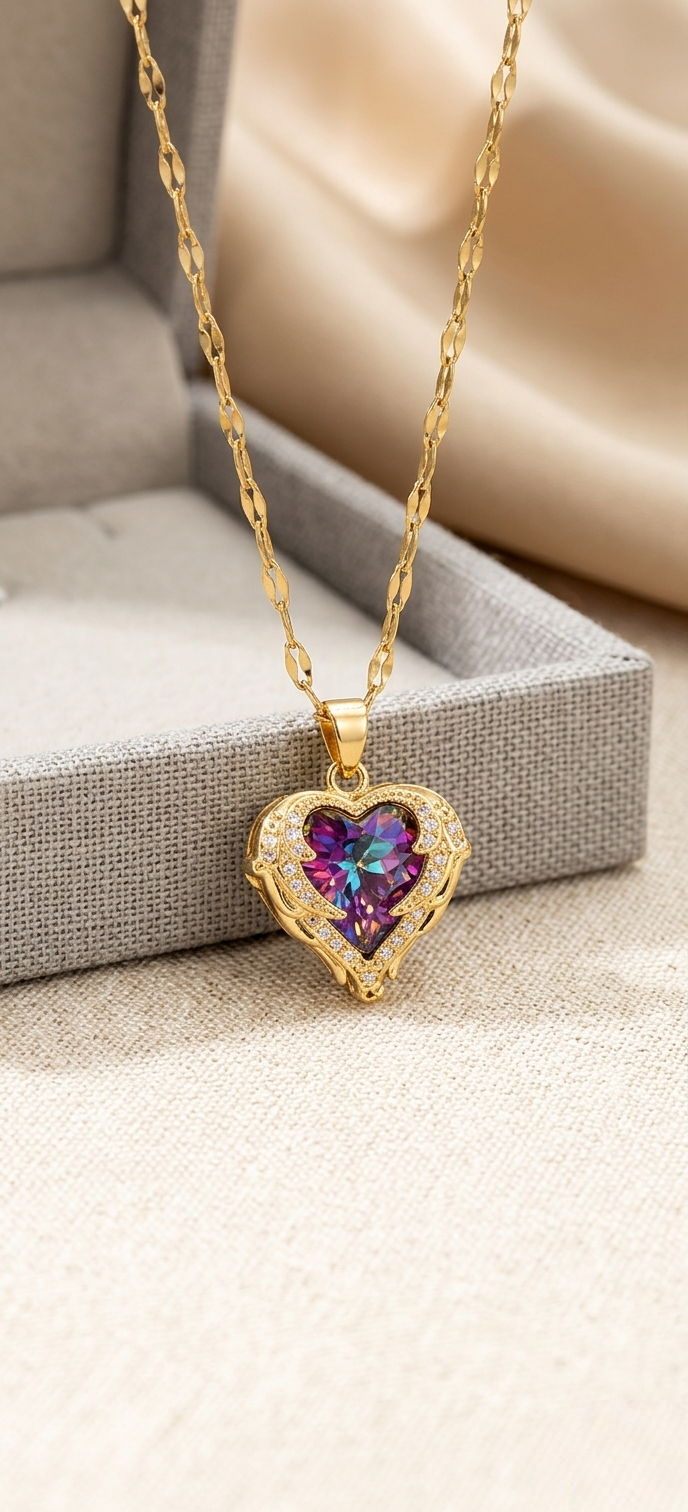 Golden Mystic Heart Crystal Pendant Necklace ✨💜