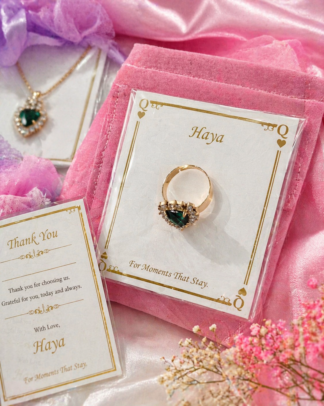 Emerald Heart Crystal Jewelry Set (Necklace, Ring & Earrings) – 14K Gold Plated | Haya