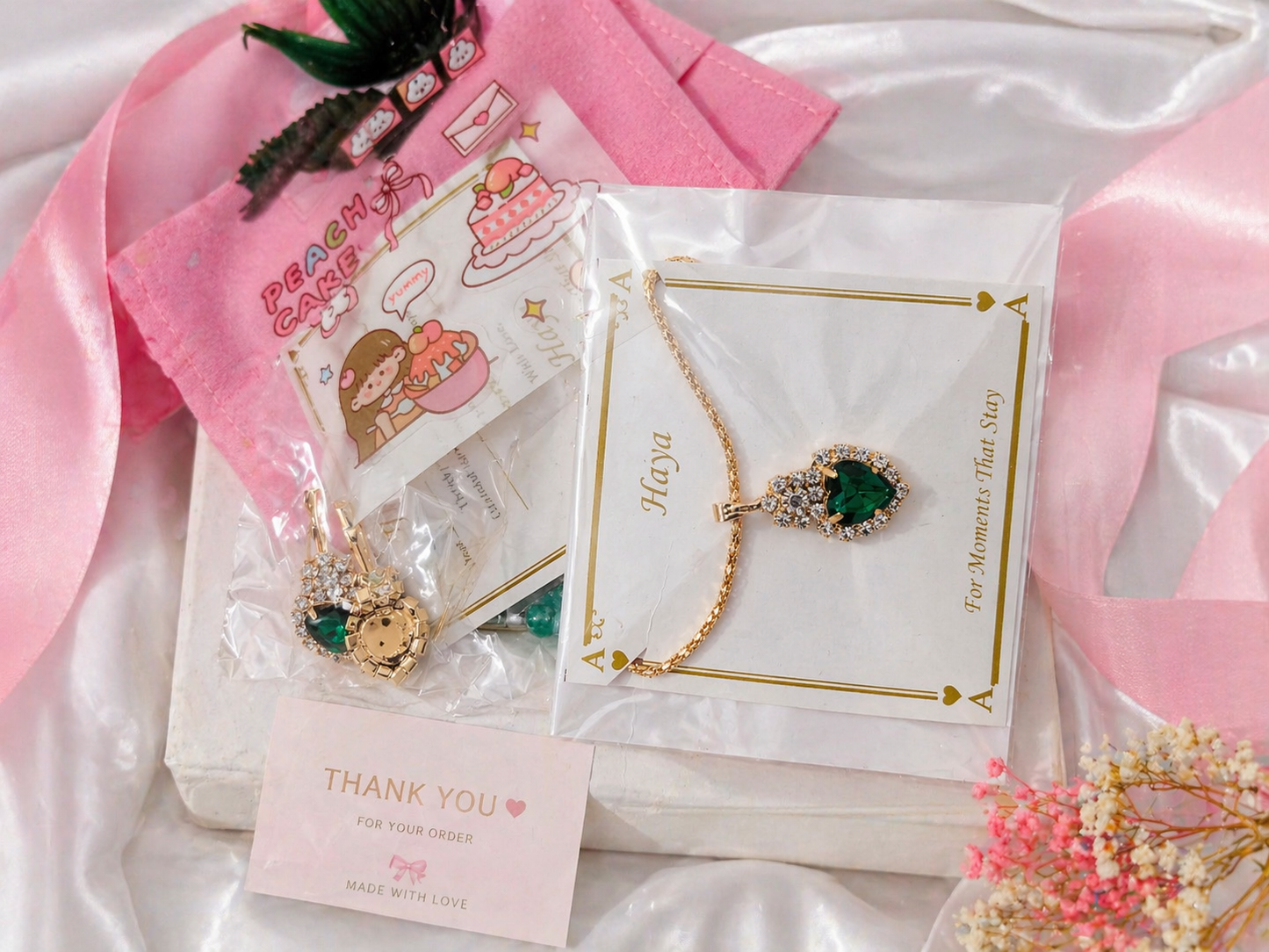 Emerald Heart Crystal Jewelry Set (Necklace, Ring & Earrings) – 14K Gold Plated | Haya