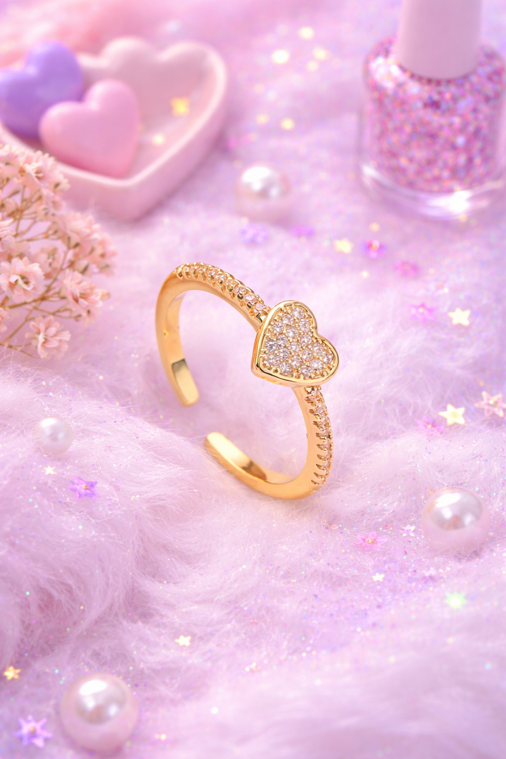 Dainty Heart Crystal 18K Gold Plated Adjustable Ring 💖