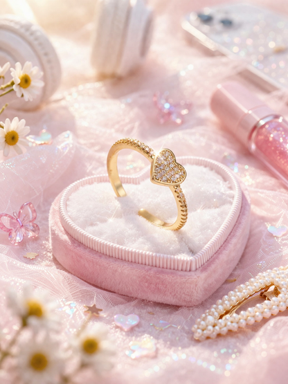 Dainty Heart Crystal 18K Gold Plated Adjustable Ring 💖