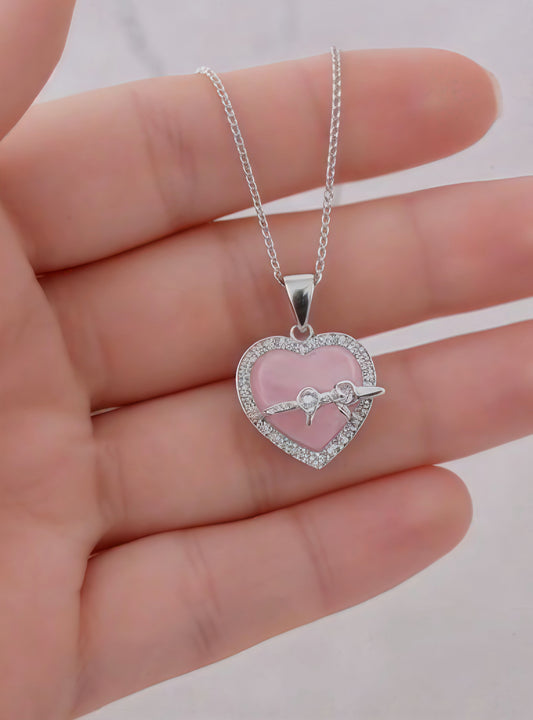 Silver Pink Heart Crystal Pendant Necklace 💖✨